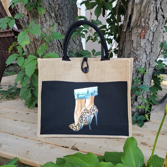 Custom Canvas Tote Bag, Large Size - Cheetah Heels Theme, Black or Cream Tote - Picture 9 of 16